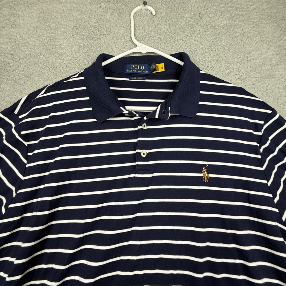 Polo Ralph Lauren Custom Slim Fit Navy White Striped Polo Shirt Mens XXL - Picture 2 of 9